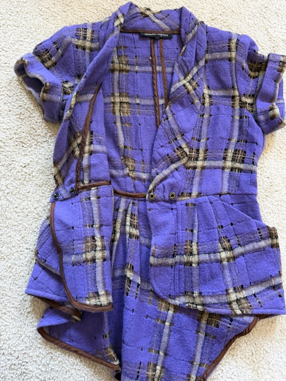 Vintage Nanette Lepore Purple Plaid Wool Peplum Top Size 2 - Short Sleeve